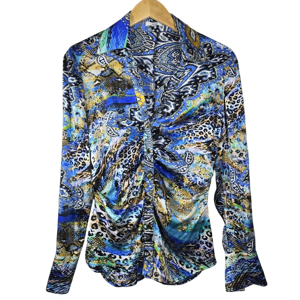 Cache Womens Large Silk Blend Ruched Button Down Shirt Blue Animal Paisley Print